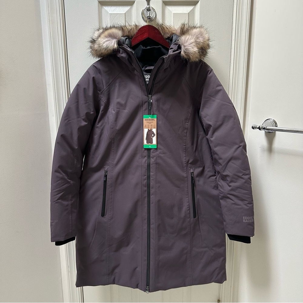 NWT Eddie Bauer Women's Eggplant Purple Down Stadium Parka with Hood Size XL